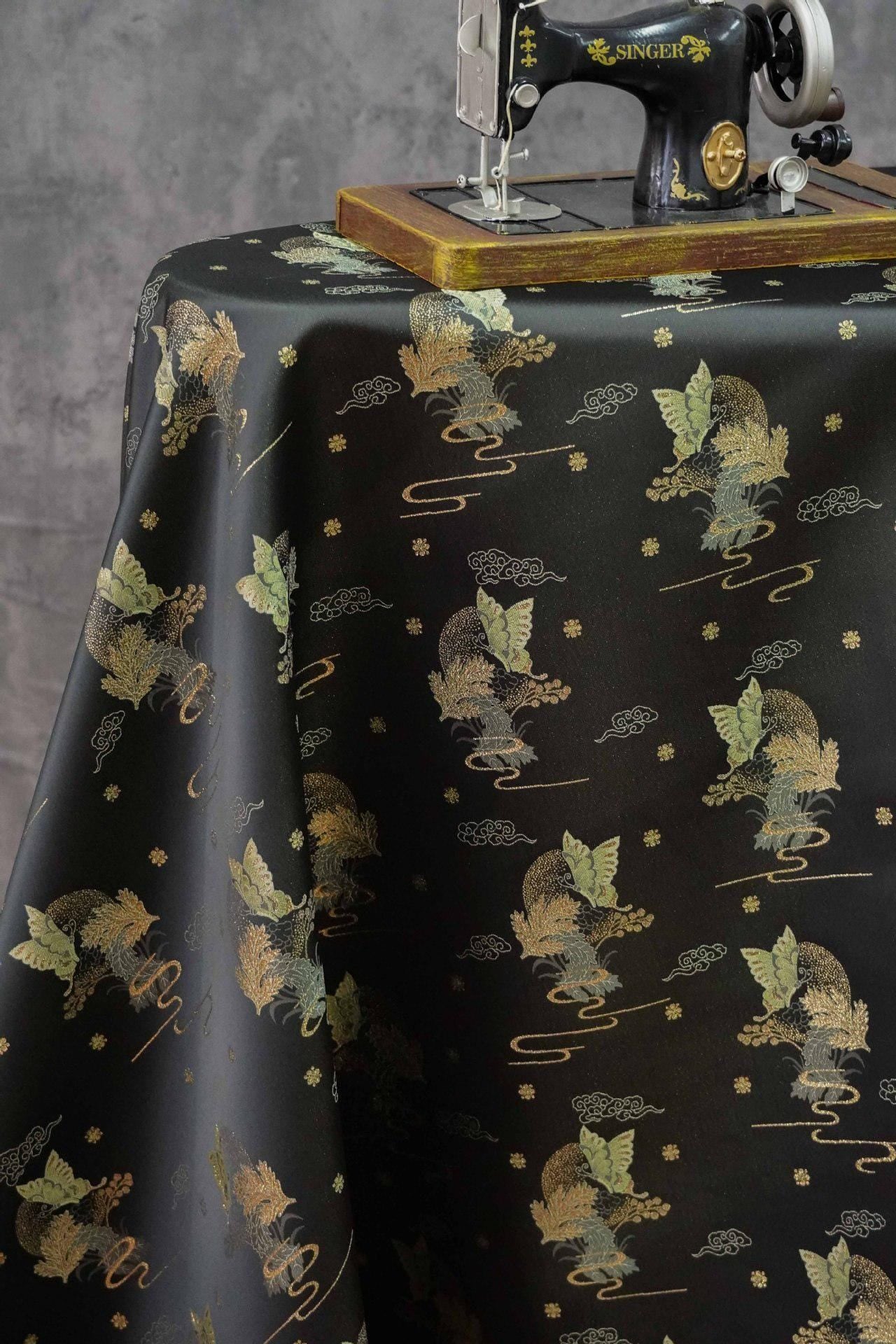 Black Jacquard Fabric: Gold Butterfly Pattern, Upholstery & Sewing (59" W By 1 Meter)