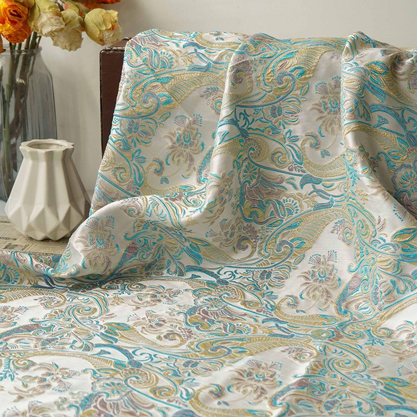 Blue & Yellow Embossed Jacquard Fabric, Palace Damask, 60"W, Meter