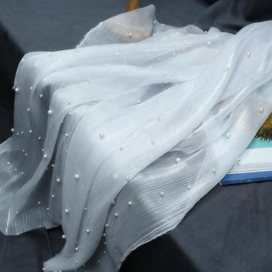 White Beaded Organza Fabric: Luxury Wedding Dress Material (59")