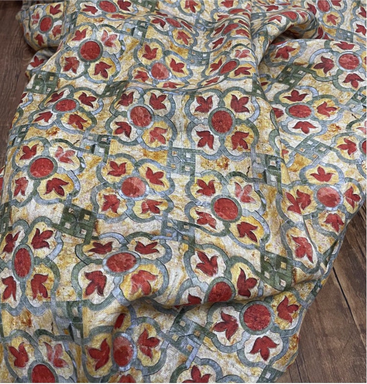 Dunhuang Fresco Linen Fabric: Asian Chinese Style Upholstery, Sewing, Scarf - 53"W