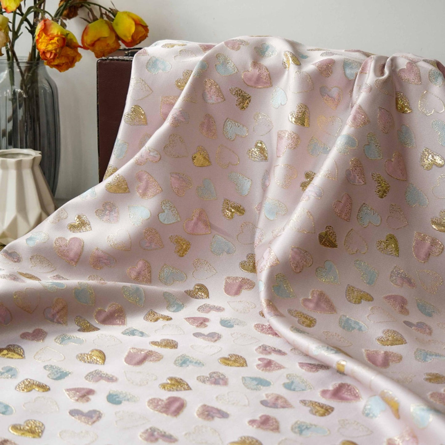 Gold Heart Jacquard Fabric: Rayon Blend, Sewing & Upholstery, 59" Wide