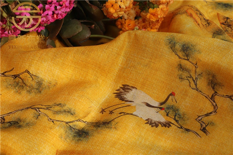 Tissu en lin à motif de grues jaunes : Décoration zen, Ameublement, Couture (55 po de largeur)