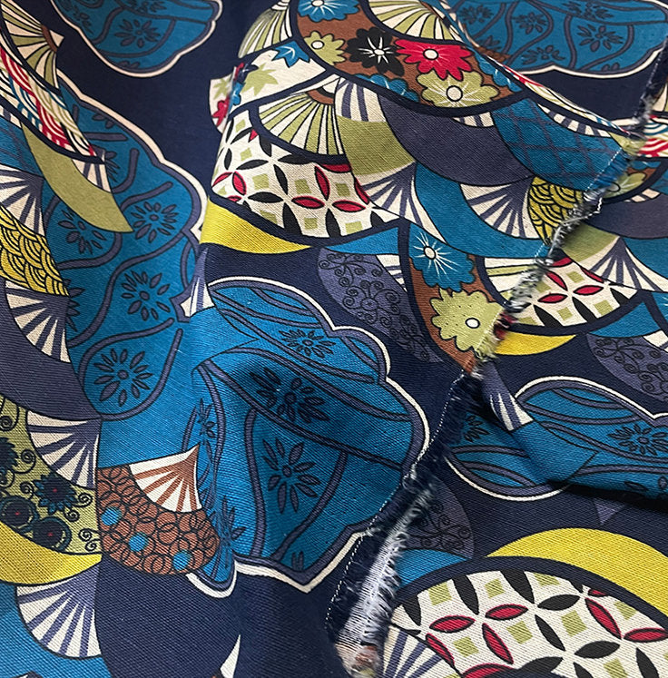 Japanese Fan Fabric: Multicolor Cotton Linen, 59" Wide