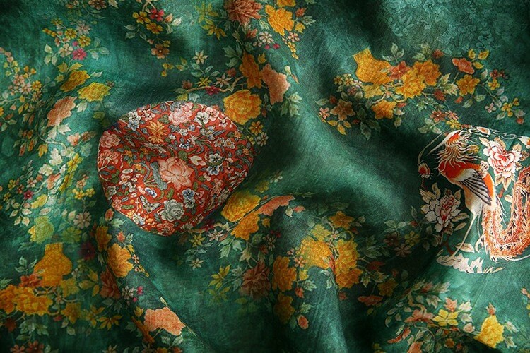 Jade Green Ramie Fabric: Floral Bird Print, 57" Wide