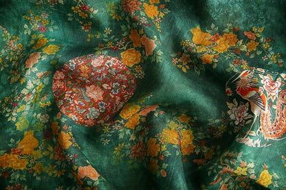 Jade Green Ramie Fabric: Floral Bird Print, 57" Wide
