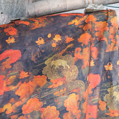 Dunhuang Lotus Linen Fabric: Auspicious Clouds Retro Print, 55"W