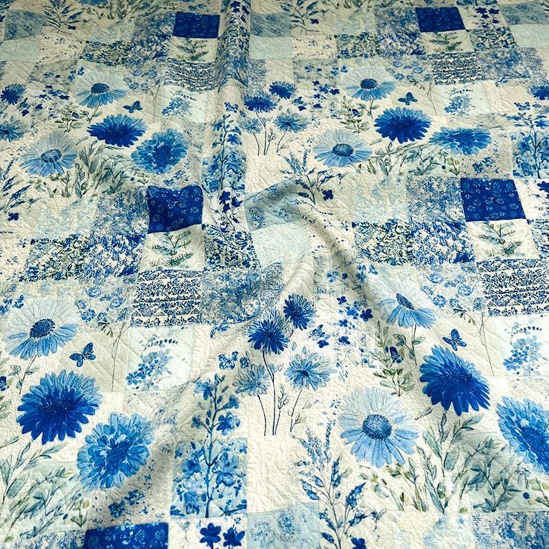 Blue Floral Cotton Fabric: 20s Print, Quilting, Dressmaking - 55" Wide