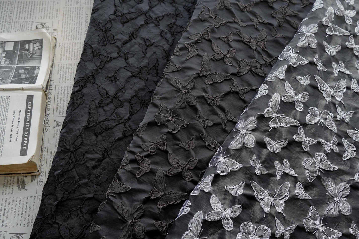 Black 3D Butterfly Jacquard Fabric: Upholstery, Drapery, Wall Decor - 55" Wide