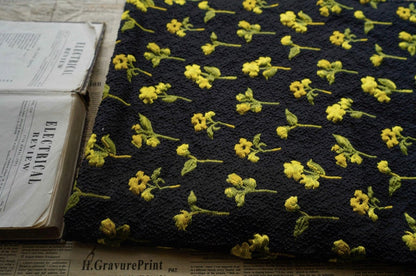 Yellow Flower Jacquard Fabric, Black 3D Designer Fabric, 55"W