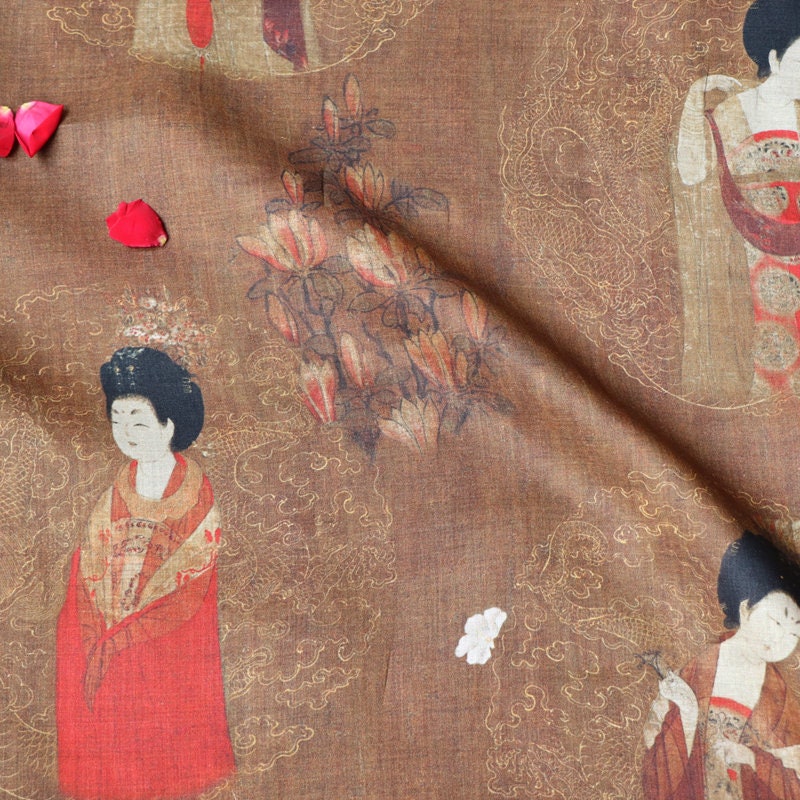 Linen Fabric: Tang Dynasty Ladies with Hairpins, Antique Style (55"W)