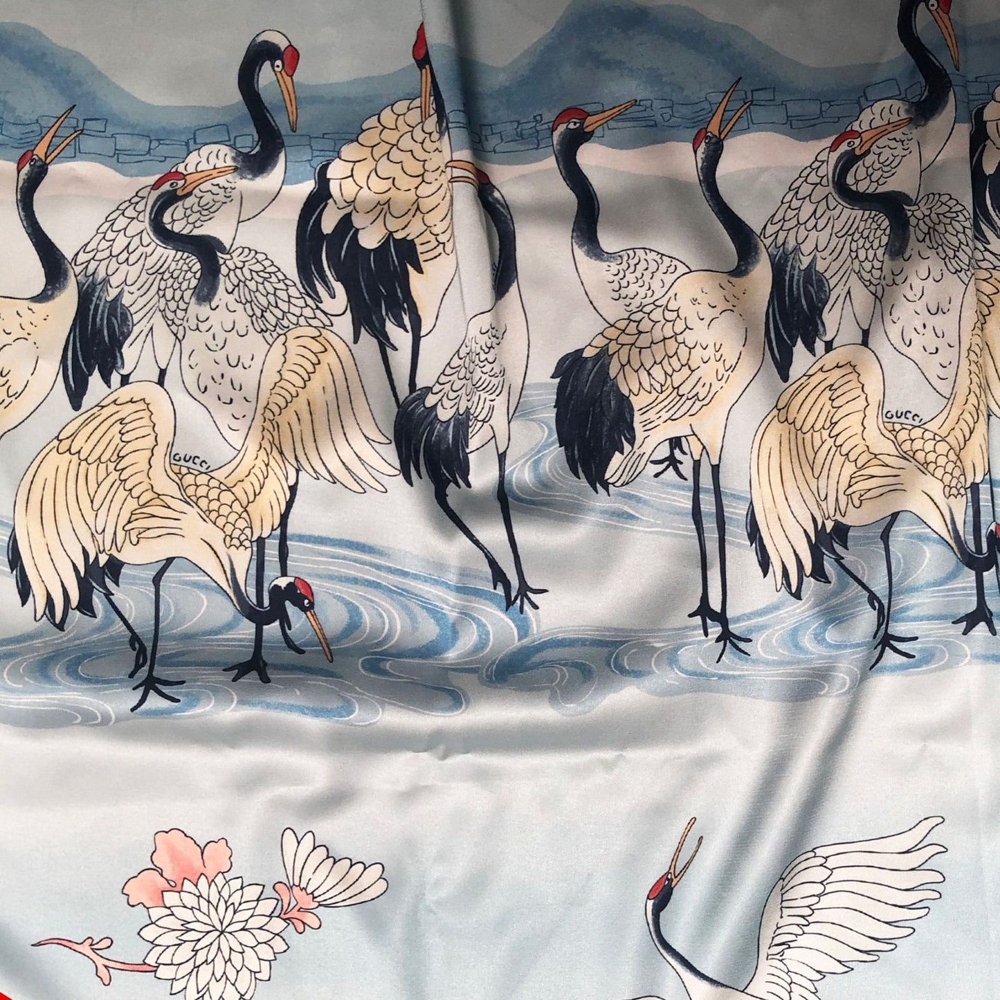 Blue Crane Print Satin Fabric: Soft Polyester Rayon Blend, 59" Wide