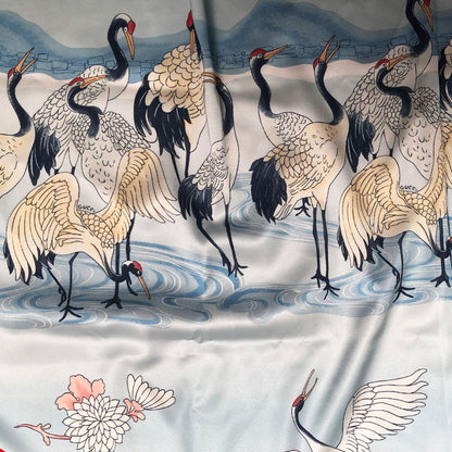 Blue Crane Print Satin Fabric: Soft Polyester Rayon Blend, 59" Wide