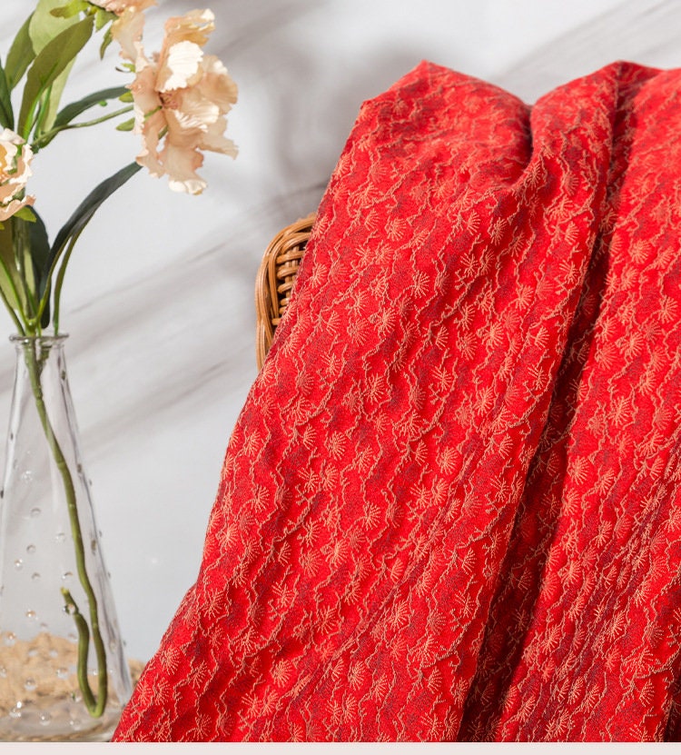 Japanese Pine Needle Brocade Fabric: Red Silk Rayon Damask (59" W)