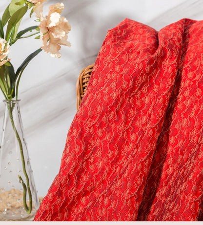 Japanese Pine Needle Brocade Fabric: Red Silk Rayon Damask (59" W)