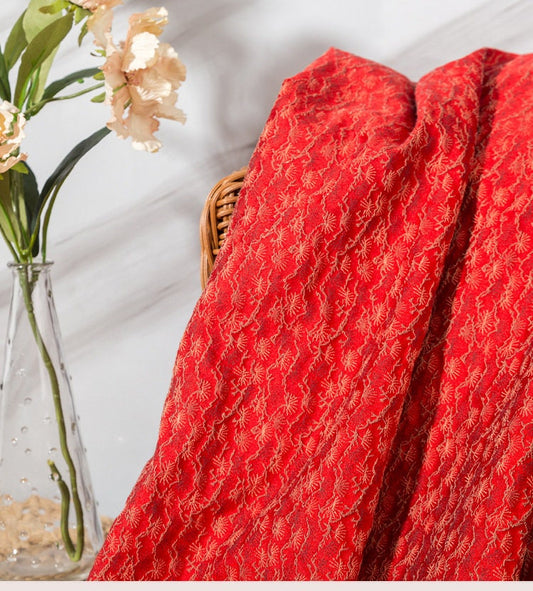 Japanese Pine Needle Brocade Fabric: Red Silk Rayon Damask (59" W)
