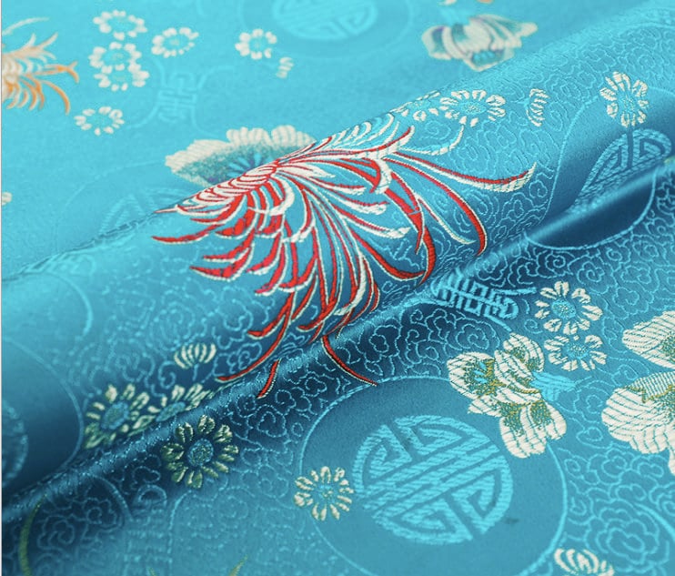Chrysanthemum Brocade Fabric: Red & Yellow Floral Damask (29.5"W)