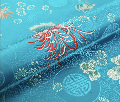 Chrysanthemum Brocade Fabric: Red & Yellow Floral Damask (29.5"W)