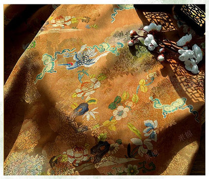 Gold Brown Crane Pattern Xiangyunsha Fabric, Luxury Rayon Silk Damask, Traditional Jacquard Fabric for Sewing, Cheongsam, DIY Fashion, 59"W