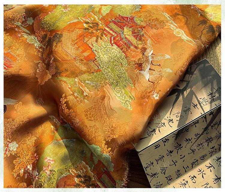 Rayon Silk Jacquard Xiangyun Fabric ��� Handcrafted Golden Cloud Embroidered Textile, Traditional Chinese Dress, Cheongsam, Craft Fabr"W