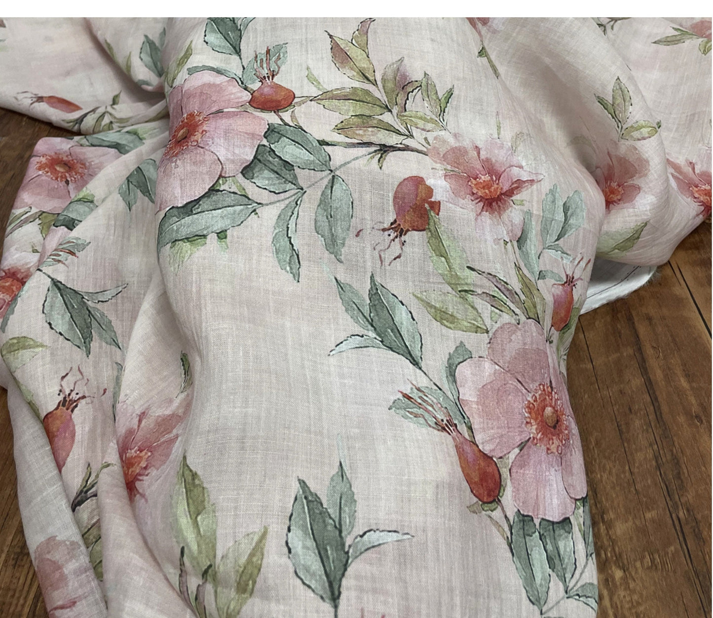 Peony Print Ramie Fabric: Natural Fiber Sewing Material, 55"W