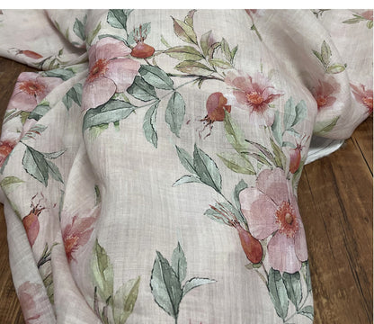 Peony Print Ramie Fabric: Natural Fiber Sewing Material, 55"W