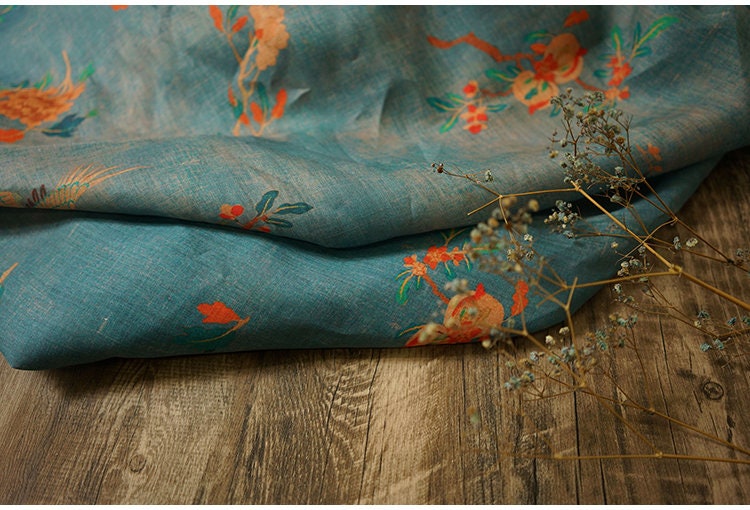 Tissu ramie bleu sarcelle : imprimé floral de grues, pour la confection d'un cheongsam qipao, 140 cm de large