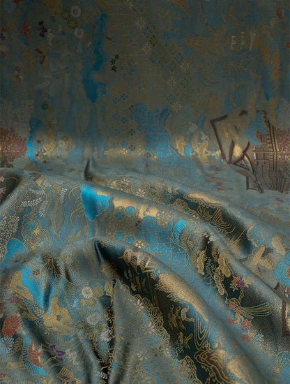 Nishijin Ori Brocade Fabric: 59"W Japanese Pavilion Pattern Satin