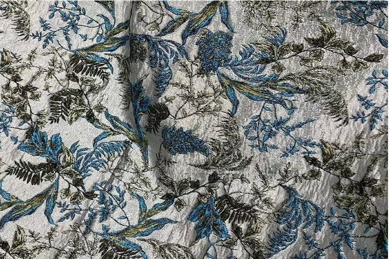 Tissu jacquard à motif de feuilles bleu paon : tissu d’ameublement et de costumes, 145 cm de large