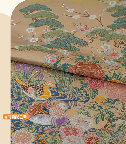 Nishijin Weave Fabric: Japanese Mandarin Duck & Floral Pattern (By The Meter)