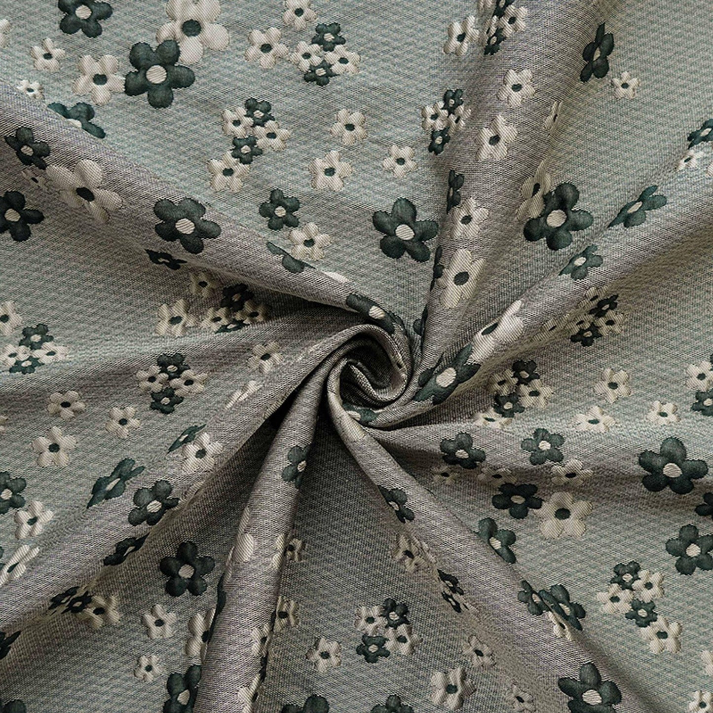 Green Grey Jacquard Fabric: 3D Flower Design, Upholstery & Costume