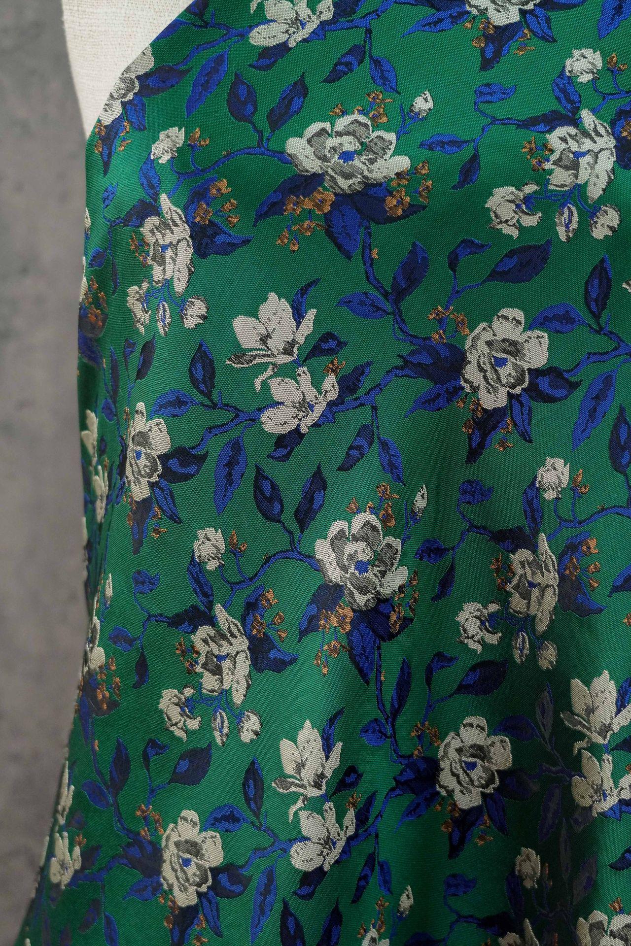 Green Camellia Jacquard Brocade Satin Fabric ��� Floral Textile for Dresses, Costumes & Home Dec"Wide