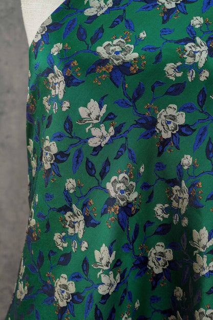 Green Camellia Jacquard Brocade Satin Fabric ��� Floral Textile for Dresses, Costumes & Home Dec"Wide