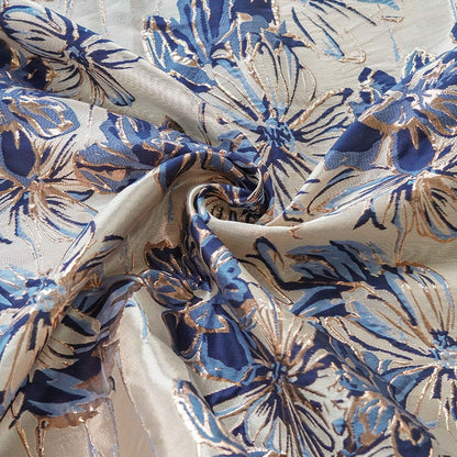 Tissu jacquard floral bleu à fil doré : 150 cm de large, gaufré, pour ameublement