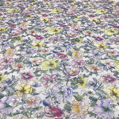 Tissu à sequins brodé de roses : Polyester à motifs floraux colorés