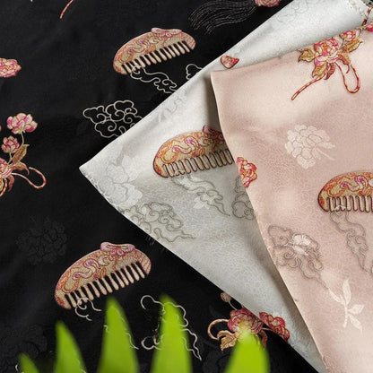 Lotus Tea Silk Satin Fabric: Japanese Pattern Upholstery, Costume, Decor (58"W)