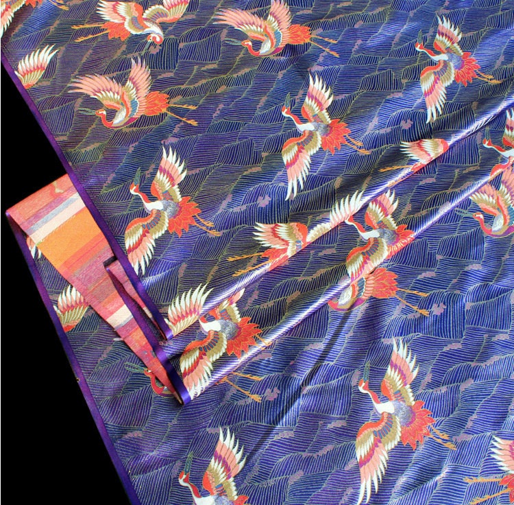 Crane Pattern Jacquard Satin Fabric: 58"W Rayon Brocade by the Meter