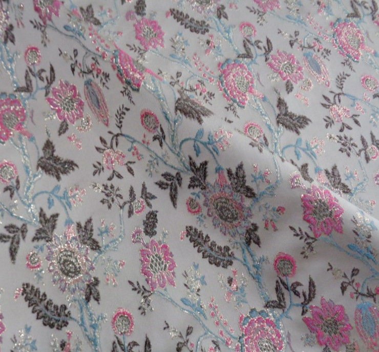 Pink & Blue Celosia Flower Gold Jacquard Fabric: 57" Wide - Poppylollipop