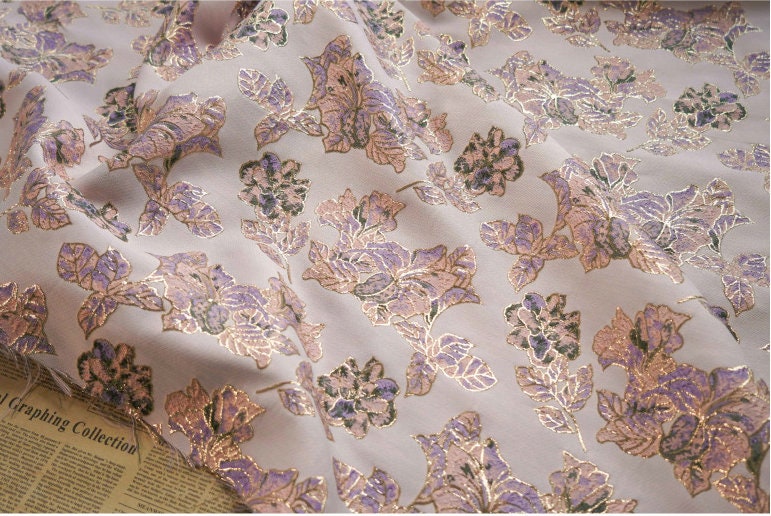 Gold Thread Floral Jacquard Fabric: 3D Cloisonne Texture, 55" Wide