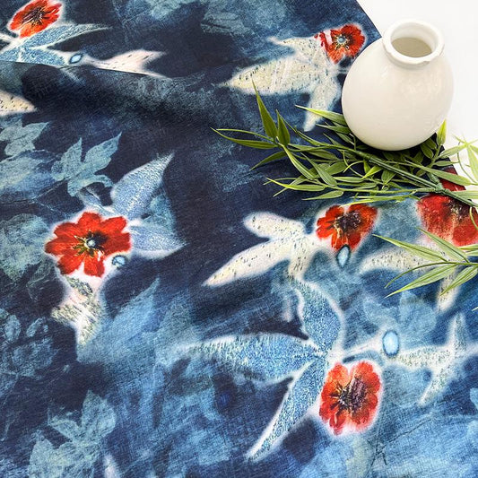 Indigo Butterfly Floral Cotton Fabric ��� Red Accent Pri" Wide