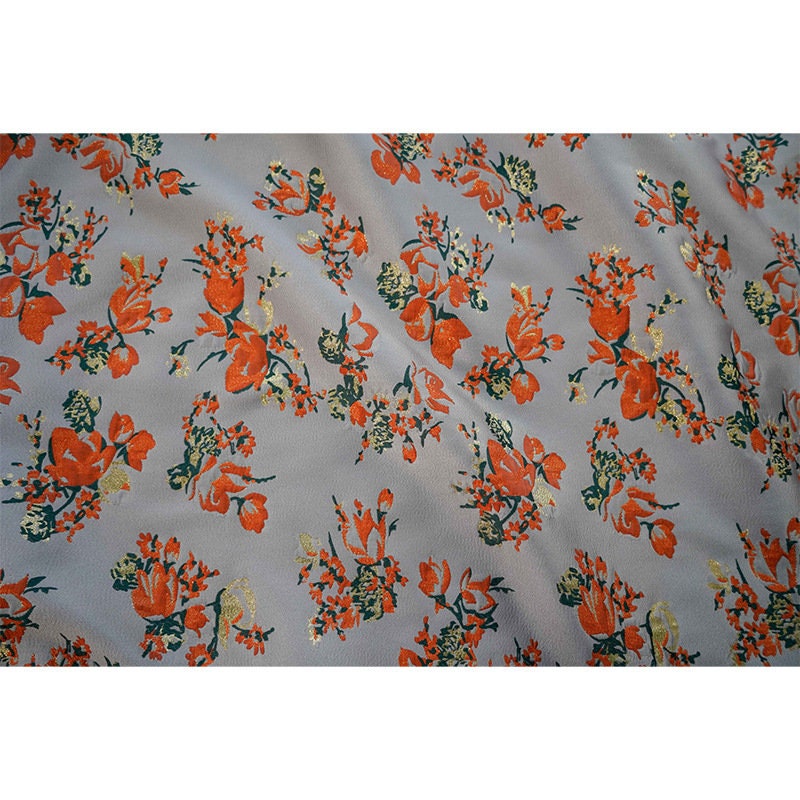 Gold Thread Jacquard Fabric: 3D Oil Painting Texture, Orange Floral (57"W)