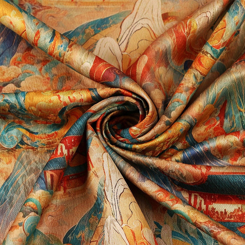 Red Cloud Yarn Flower Fabric: Ancient Painting Style, 59" Wide