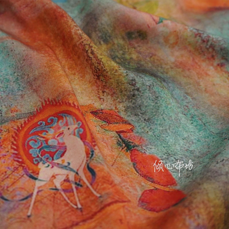 Nine-Color Deer Cotton Fabric: Dunhuang Style Upholstery, Costume, Scarf (57"W)