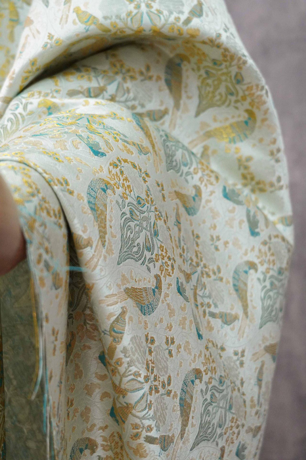 Gold Floral Bird Fabric: 58"W Rayon Blend Upholstery & Drapery