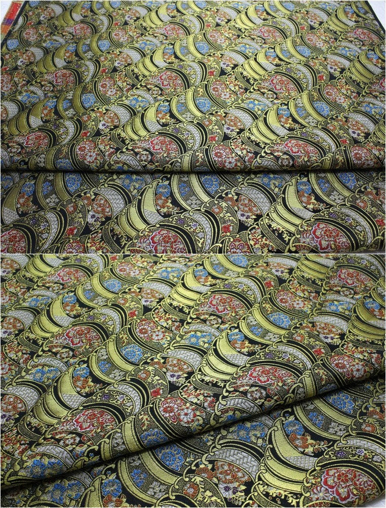 Nishijin Floral Jacquard Fabric: Black and Gold Silk Brocade (29.5" Width)
