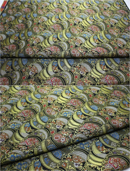 Nishijin Floral Jacquard Fabric: Black and Gold Silk Brocade (29.5" Width)