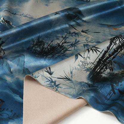 Ancient Landscape Tea Silk Satin Fabric: 59"W Digital Print Upholstery