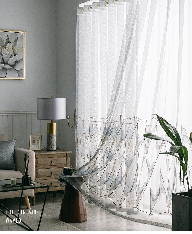 Tissu pour rideaux brodé géométrique : Voile moderne en polyester transparent