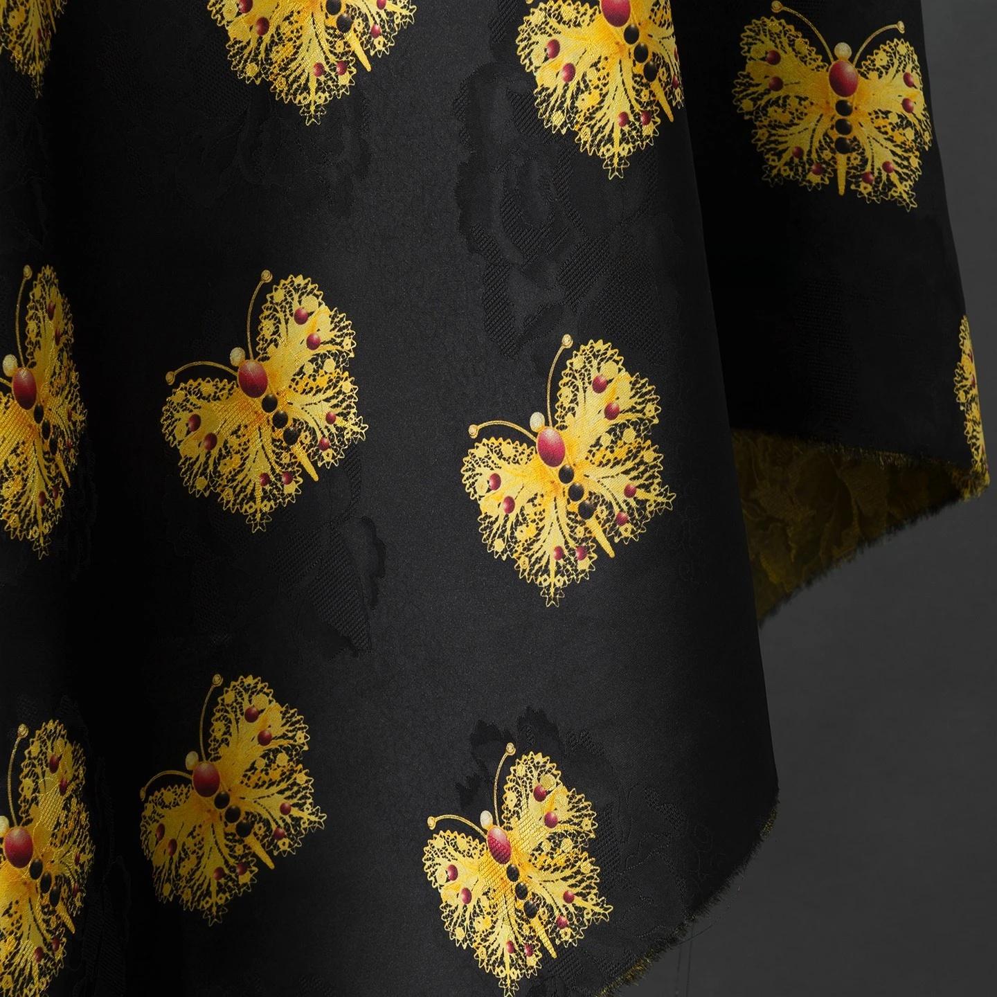 Black & Gold Butterfly Silk Jacquard Fabric: Cheongsam Hanfu Material