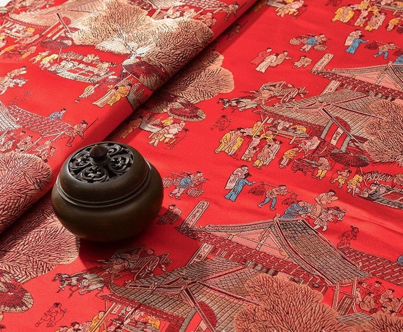 River on the Qingming Festival Brocade Fabric: 59"W Chinese Painting Silk Rayon