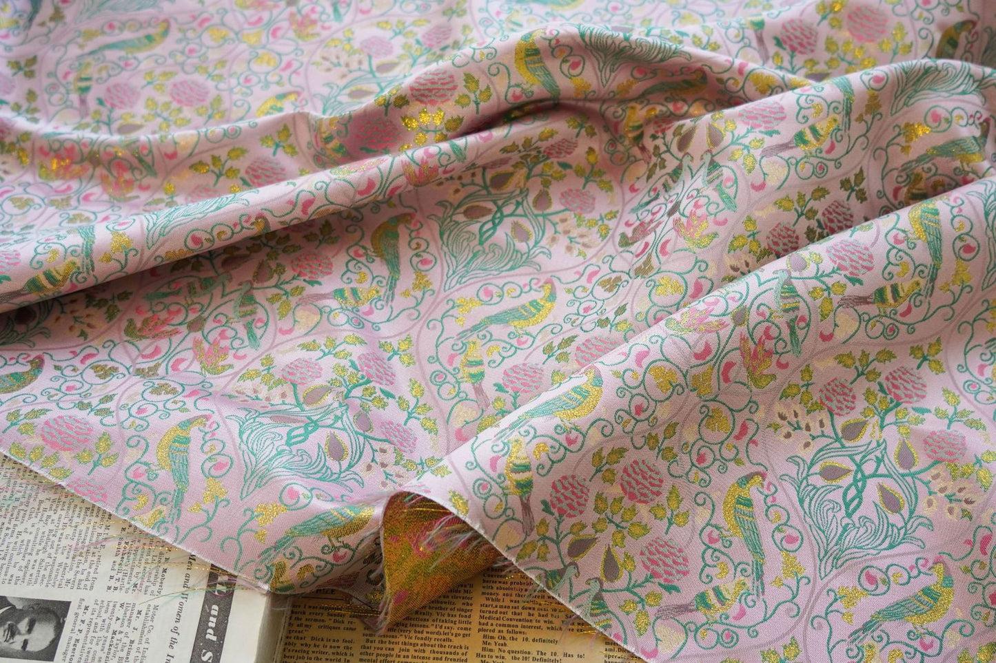 Gold Thread Jacquard Fabric: 3D Floral Bird Design, 60" Wide